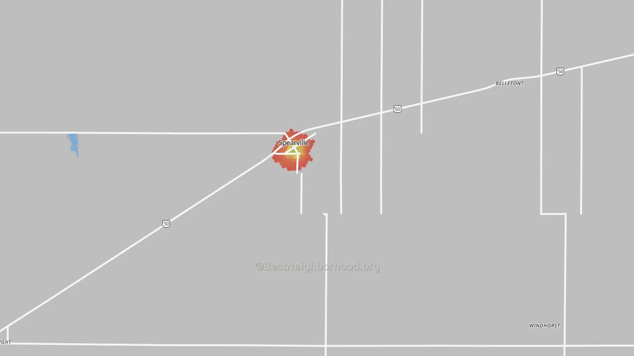 Walk Grade map of Spearville, KS, walkable areas in green and car-dependent areas in red