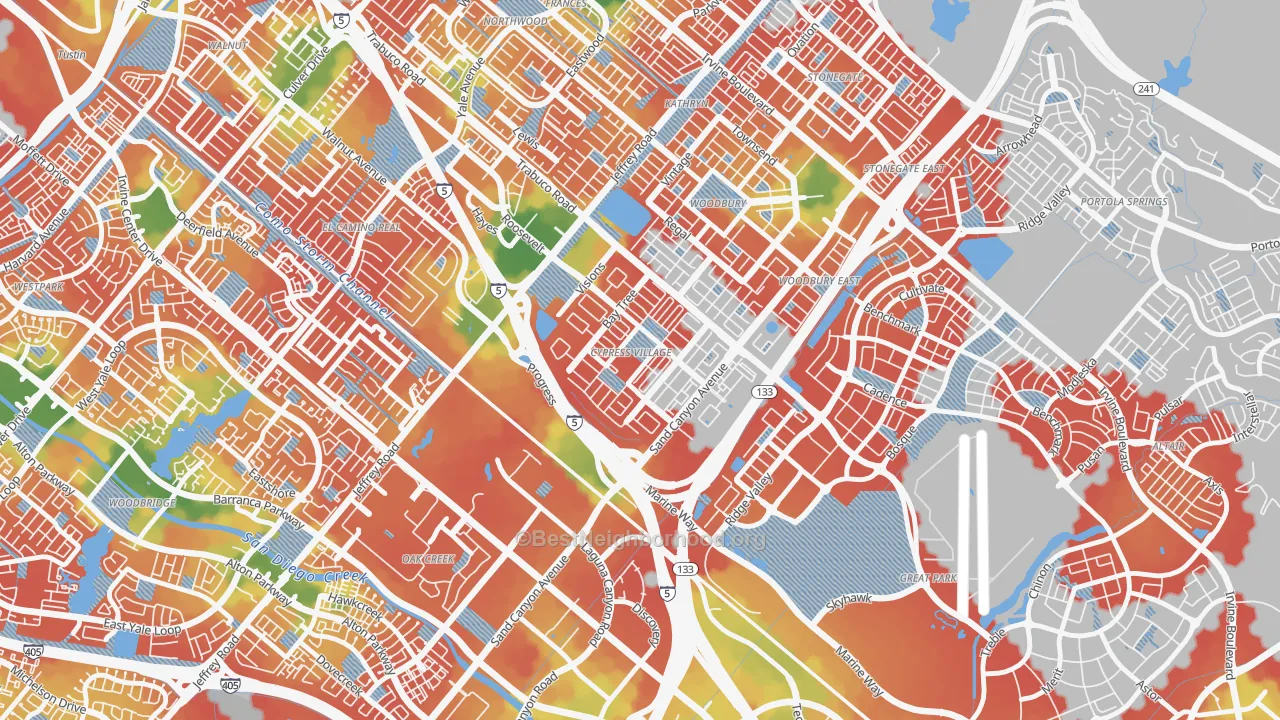 Walk Grade map of Spectrum, Irvine, CA, walkable areas in green and car-dependent areas in red