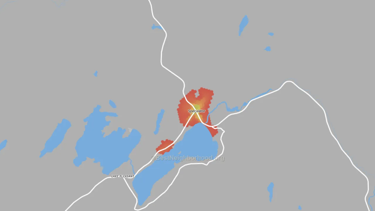 Walk Grade map of Speculator, NY, walkable areas in green and car-dependent areas in red