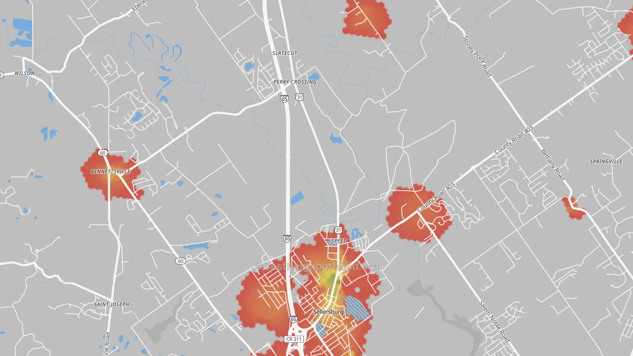 Walk Grade map of Speed, IN, walkable areas in green and car-dependent areas in red