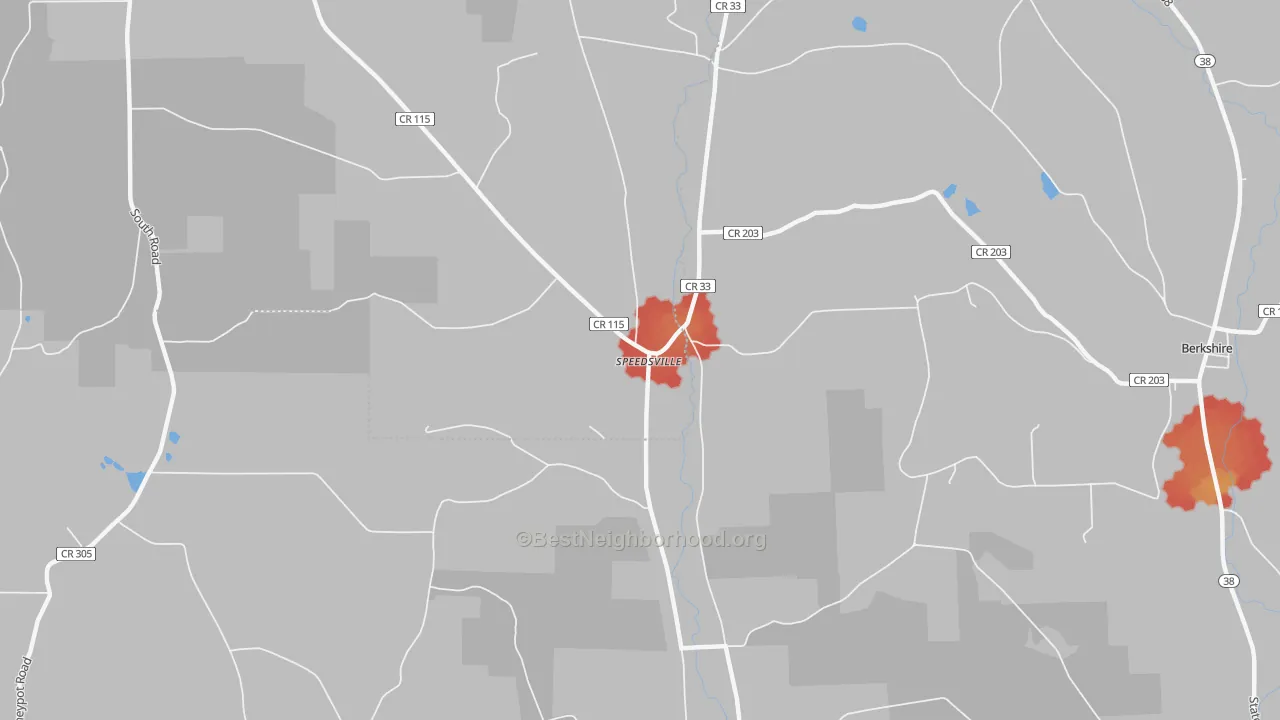 Walk Grade map of Speedsville, NY, walkable areas in green and car-dependent areas in red