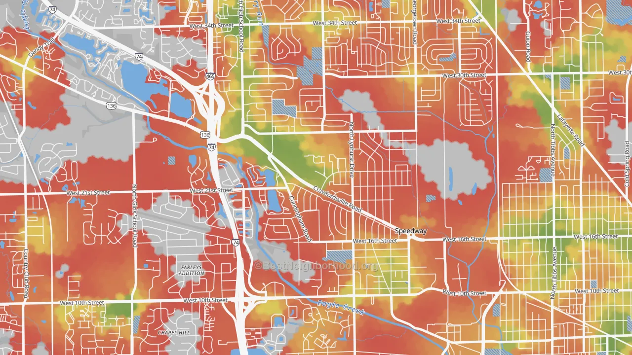 Walk Grade map of Speedway, IN, walkable areas in green and car-dependent areas in red