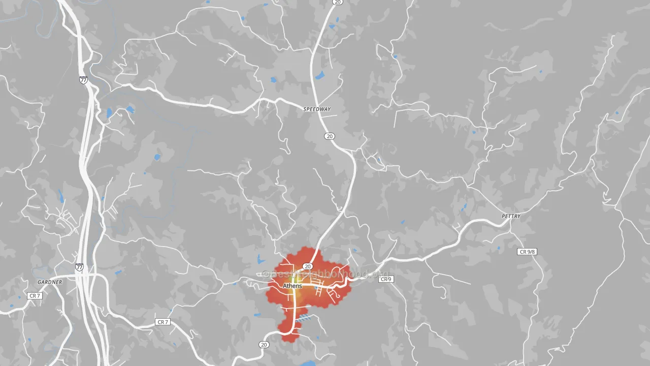 Walk Grade map of Speedway, WV, walkable areas in green and car-dependent areas in red