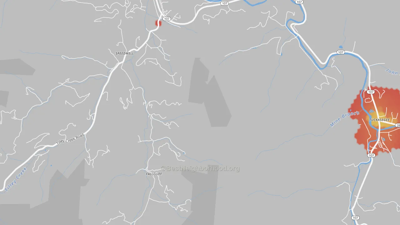 Walk Grade map of Speedwell, NC, walkable areas in green and car-dependent areas in red