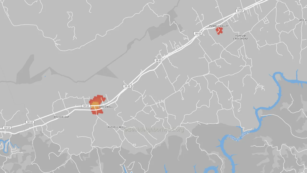 Walk Grade map of Speedwell, TN, walkable areas in green and car-dependent areas in red