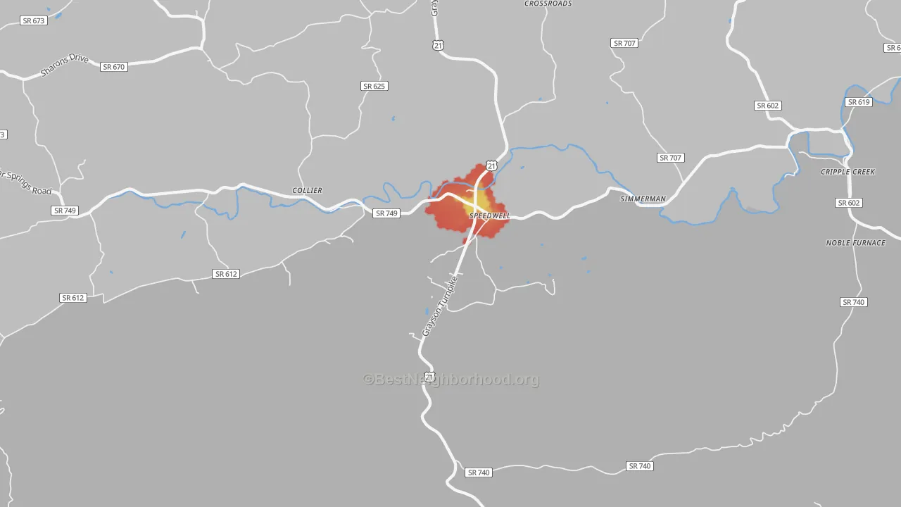 Walk Grade map of Speedwell, VA, walkable areas in green and car-dependent areas in red
