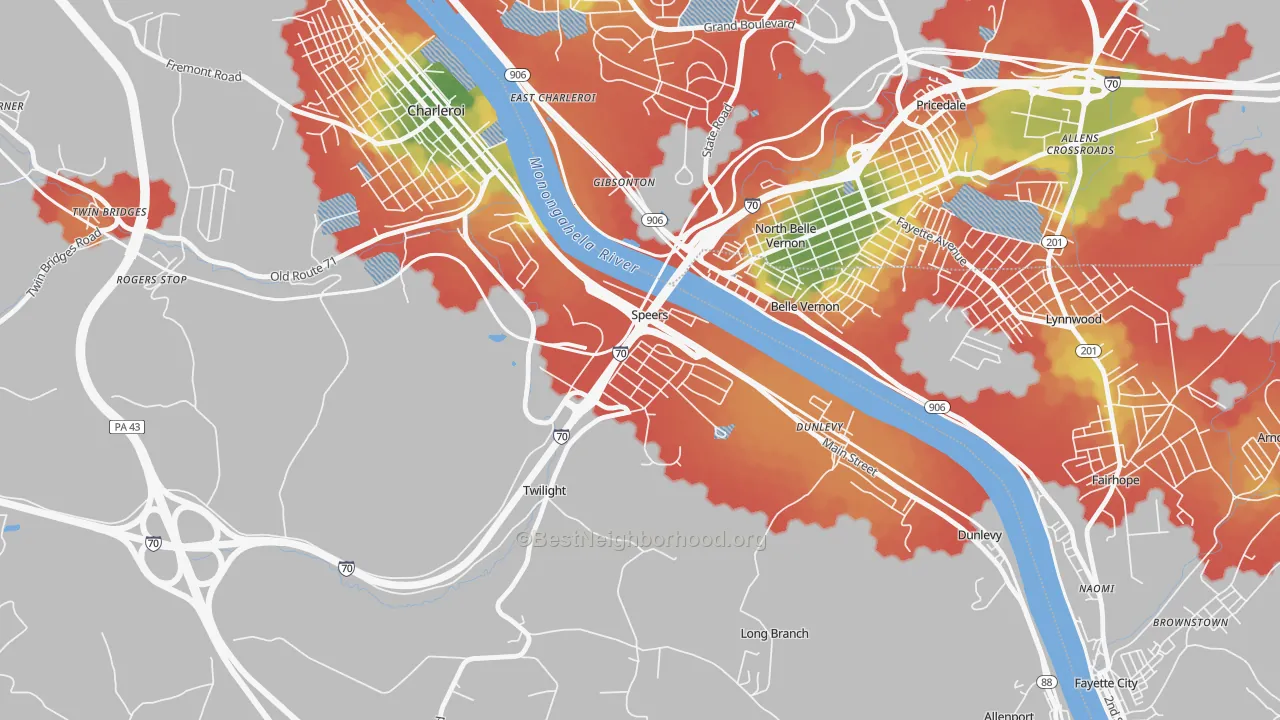 Walk Grade map of Speers, PA, walkable areas in green and car-dependent areas in red