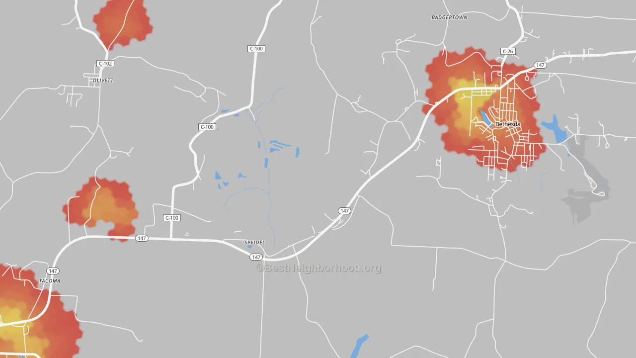 Walk Grade map of Speidel, OH, walkable areas in green and car-dependent areas in red