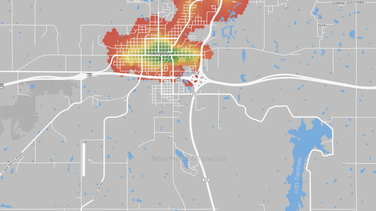 Walk Grade map of Spelter City, OK, walkable areas in green and car-dependent areas in red
