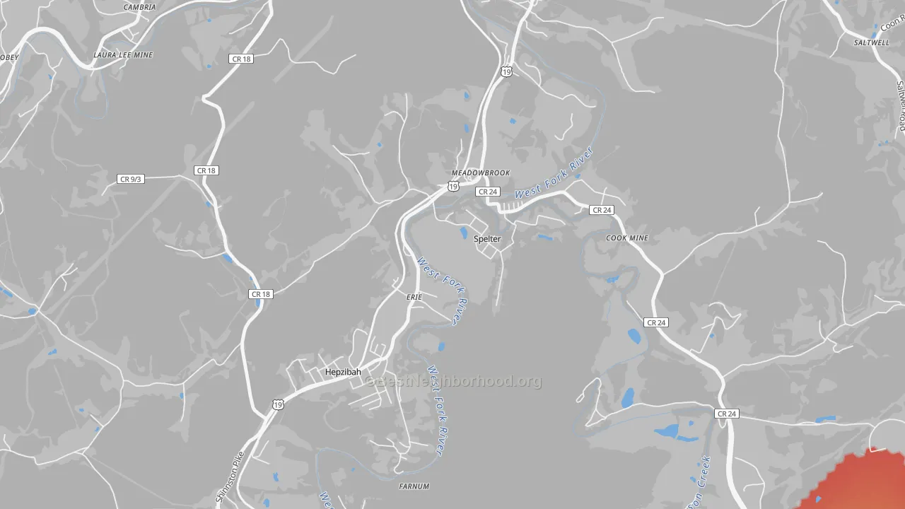 Walk Grade map of Spelter, WV, walkable areas in green and car-dependent areas in red