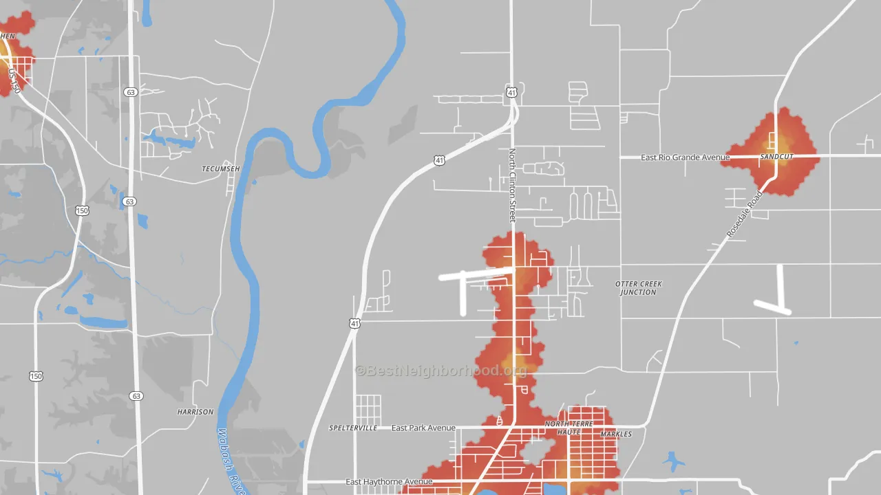 Walk Grade map of Spelterville, IN, walkable areas in green and car-dependent areas in red