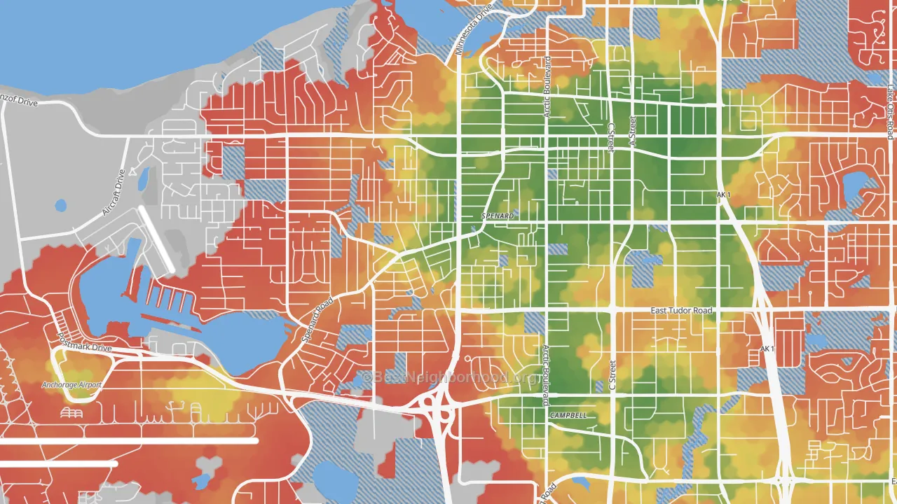 Walk Grade map of Spenard, Anchorage, AK, walkable areas in green and car-dependent areas in red