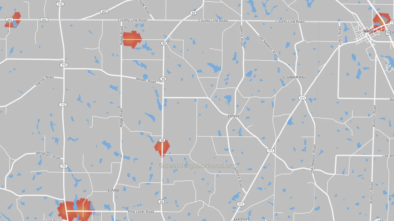 Walk Grade map of Spence, GA, walkable areas in green and car-dependent areas in red