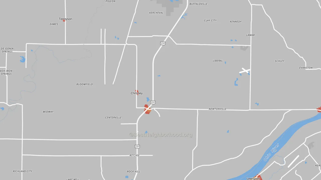 Walk Grade map of Spencer County, IN, walkable areas in green and car-dependent areas in red