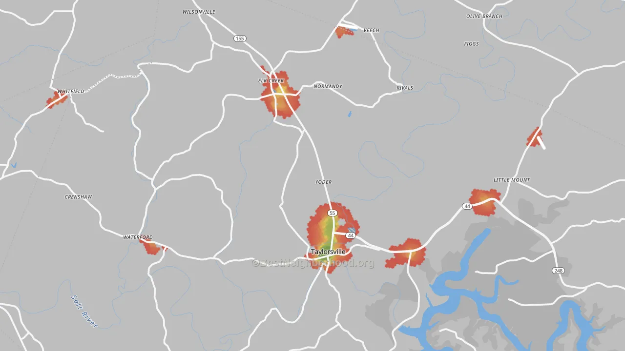 Walk Grade map of Spencer County, KY, walkable areas in green and car-dependent areas in red