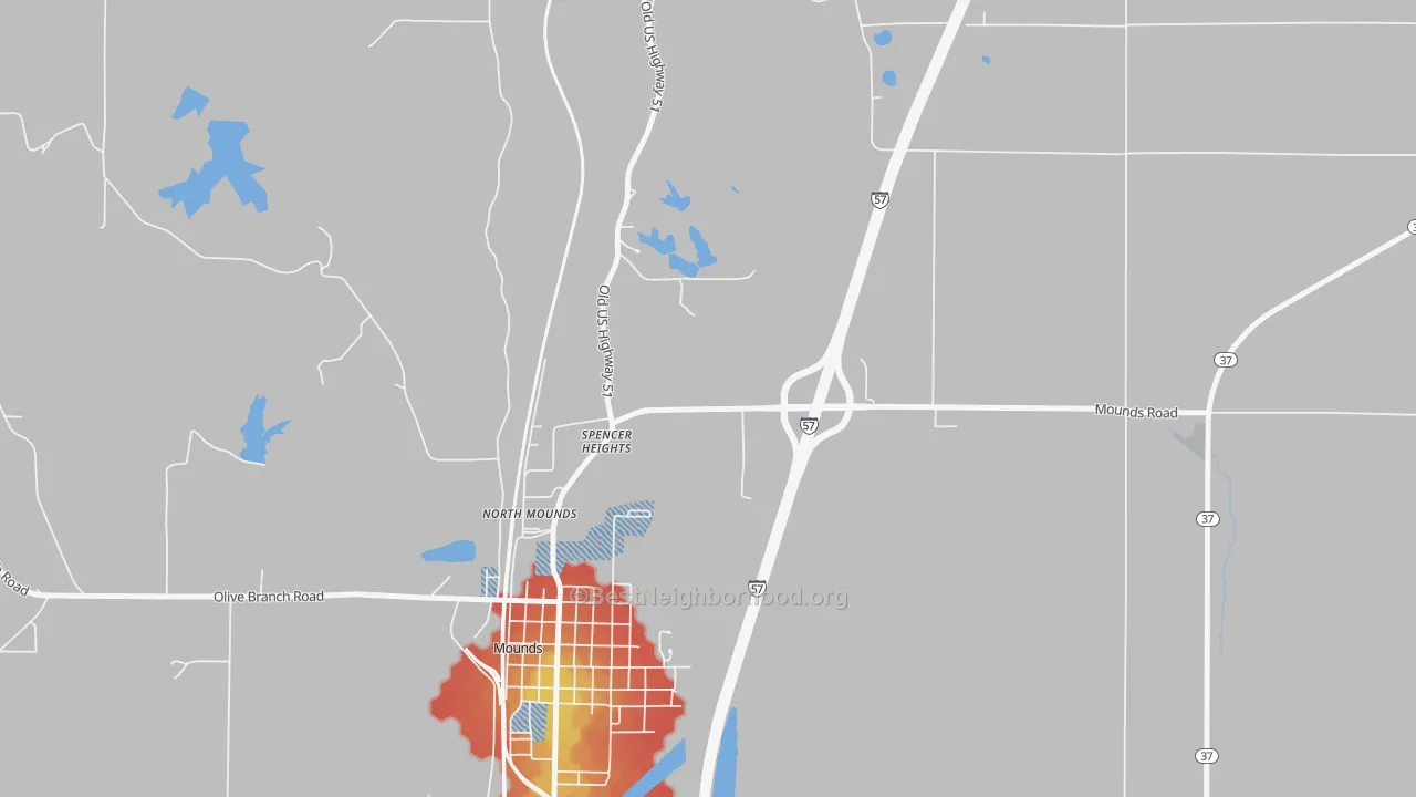 Walk Grade map of Spencer Heights, IL, walkable areas in green and car-dependent areas in red