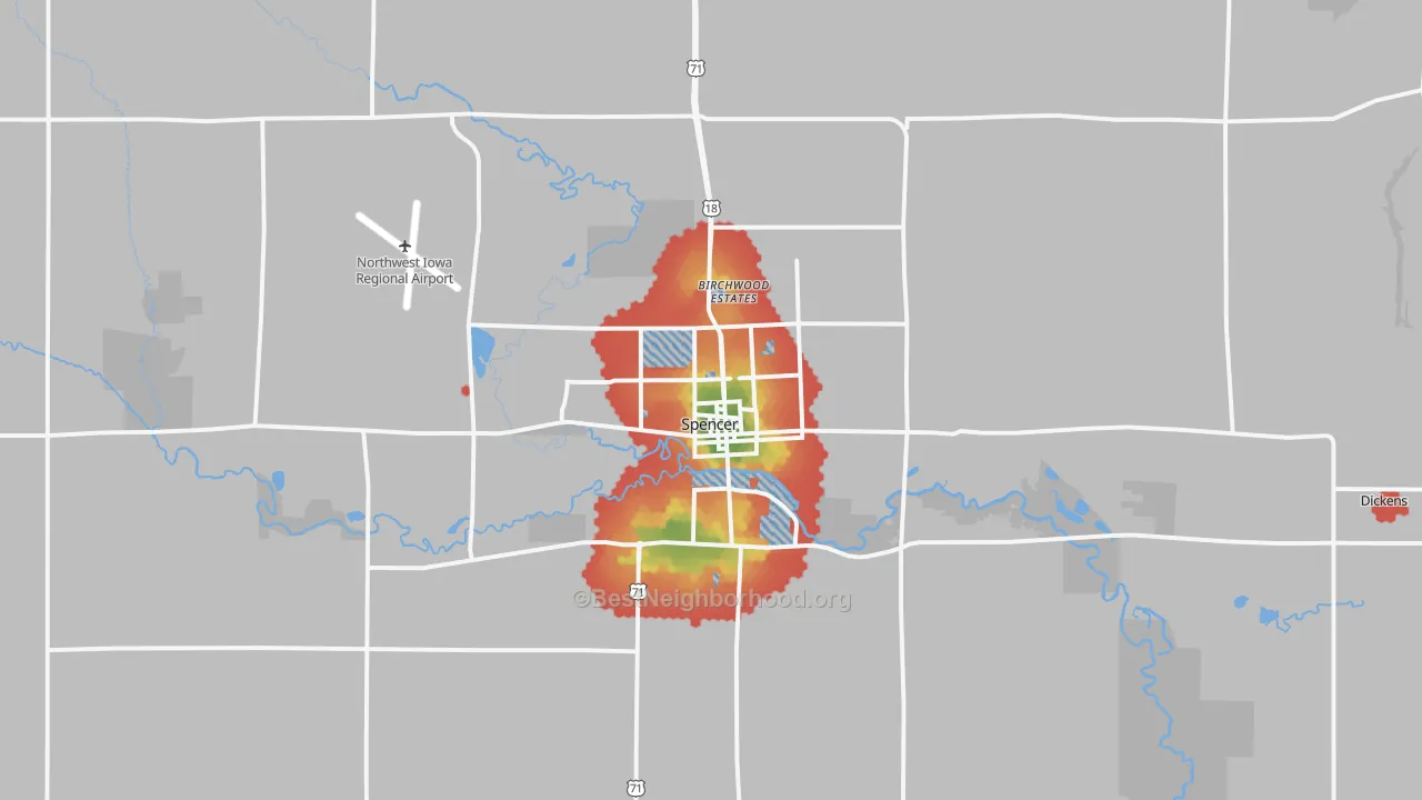 Walk Grade map of Spencer, IA, walkable areas in green and car-dependent areas in red