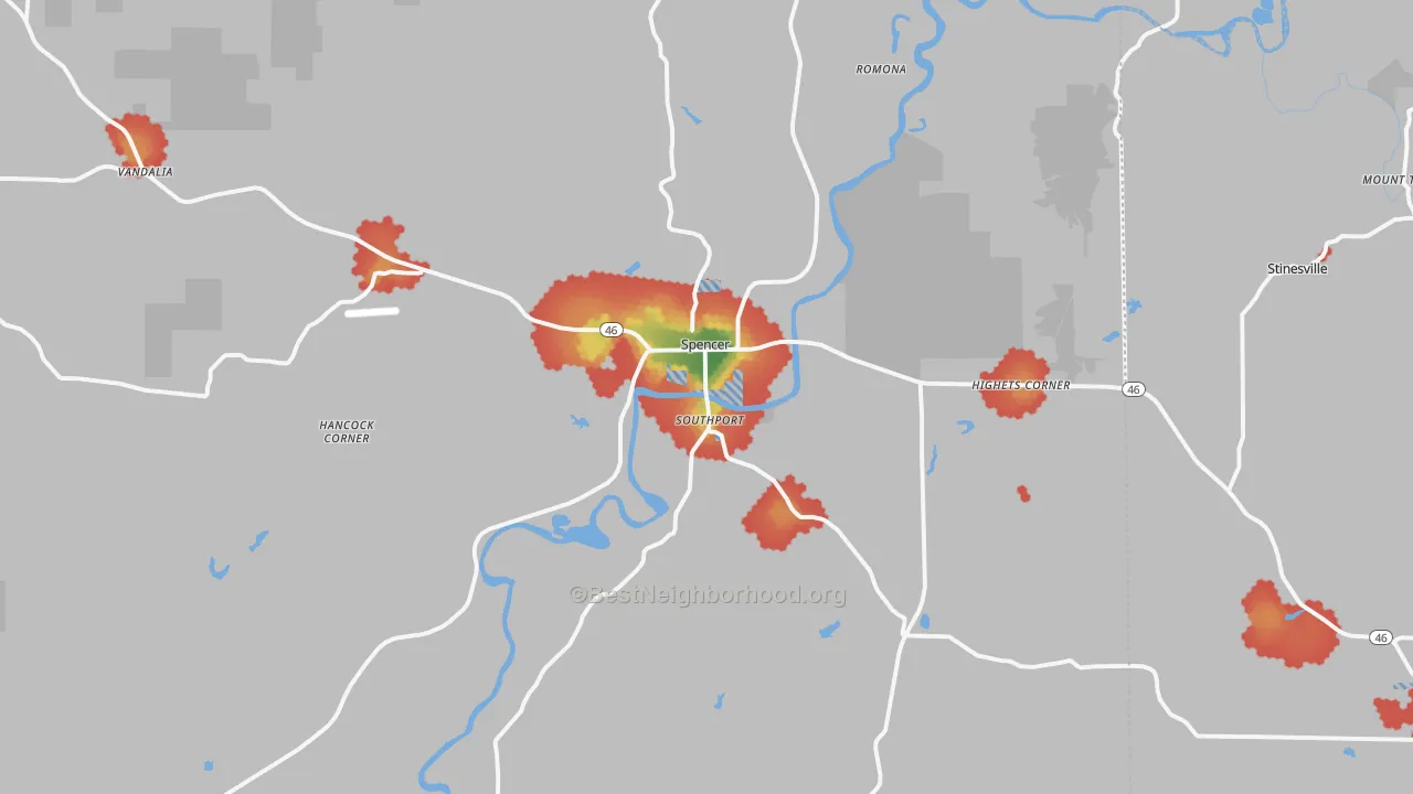 Walk Grade map of Spencer, IN, walkable areas in green and car-dependent areas in red