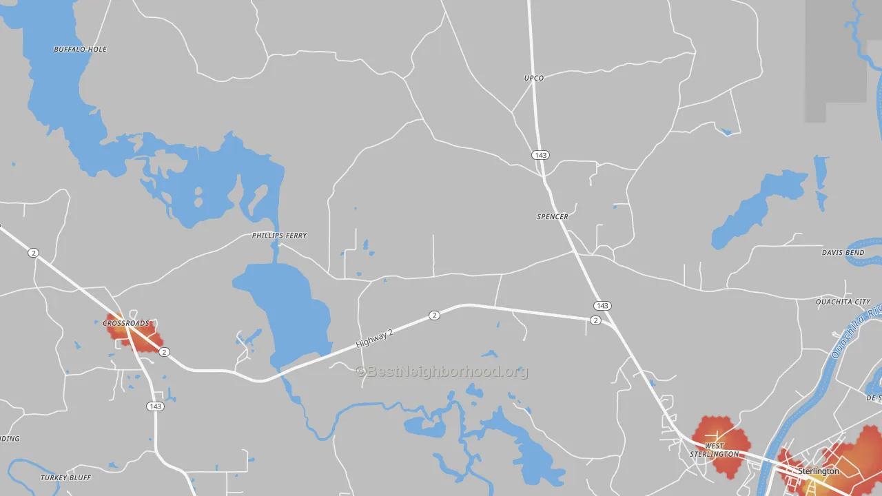 Walk Grade map of Spencer, LA, walkable areas in green and car-dependent areas in red