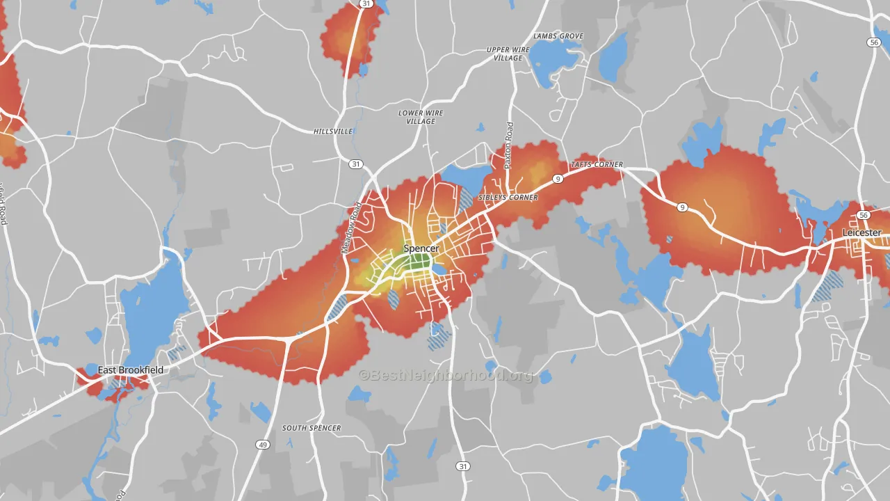 Walk Grade map of Spencer, MA, walkable areas in green and car-dependent areas in red