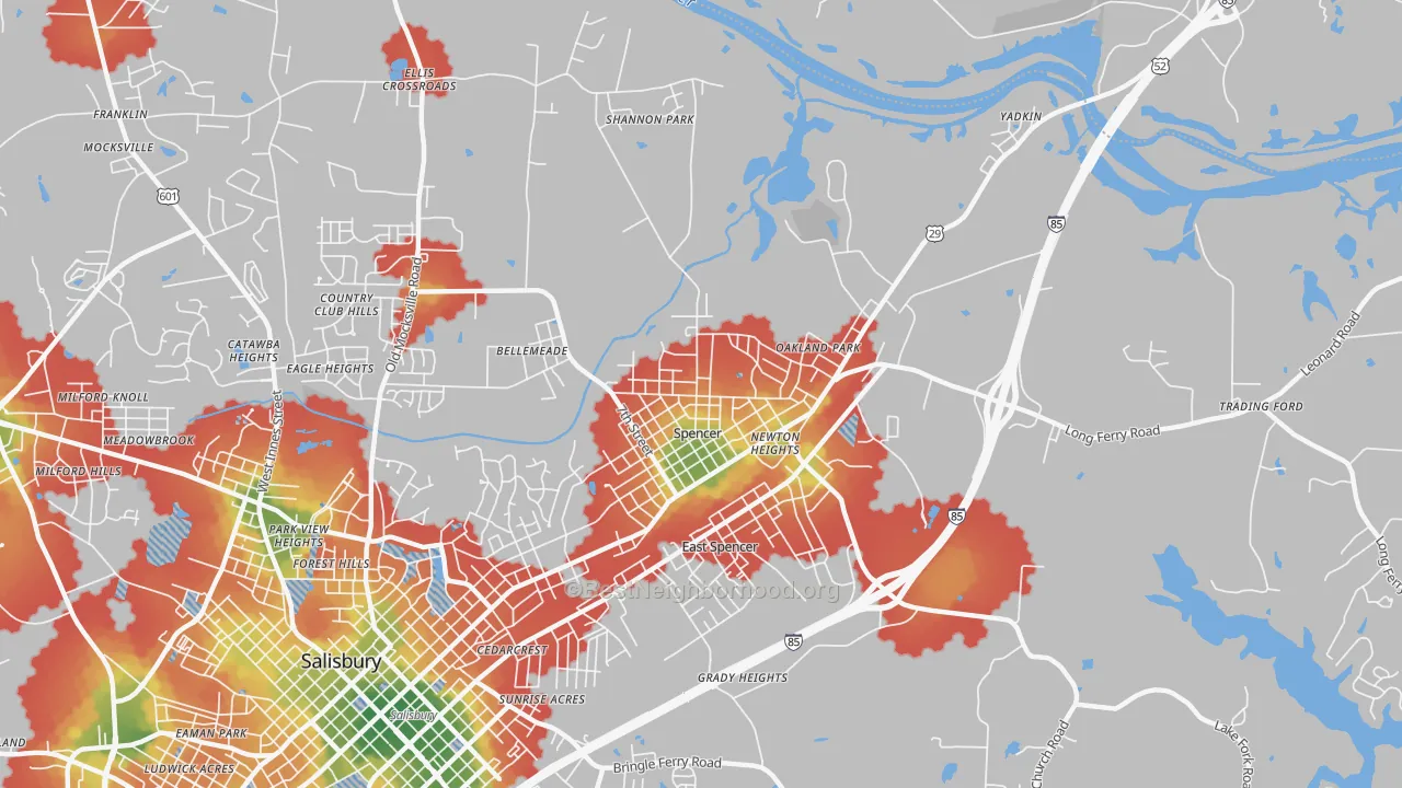Walk Grade map of Spencer, NC, walkable areas in green and car-dependent areas in red
