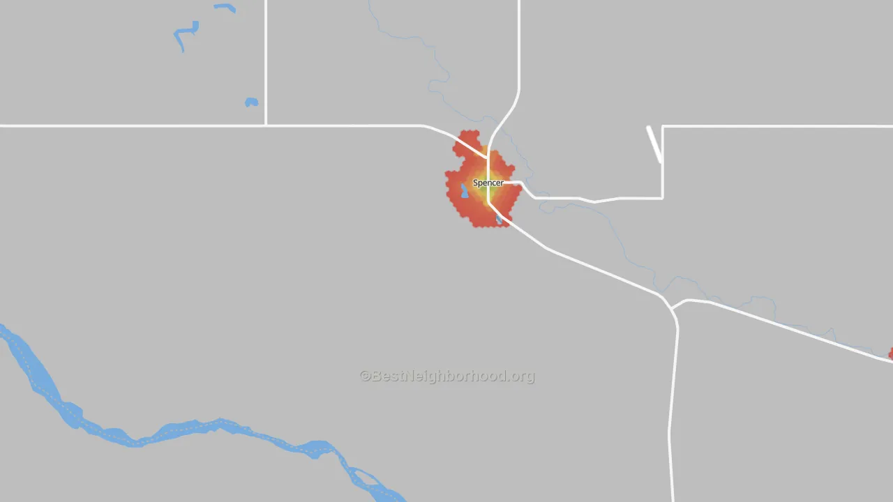 Walk Grade map of Spencer, NE, walkable areas in green and car-dependent areas in red