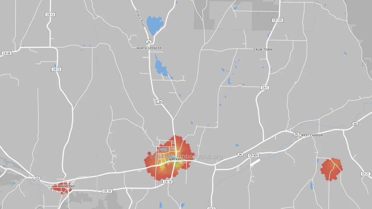 Walk Grade map of Spencer, NY, walkable areas in green and car-dependent areas in red