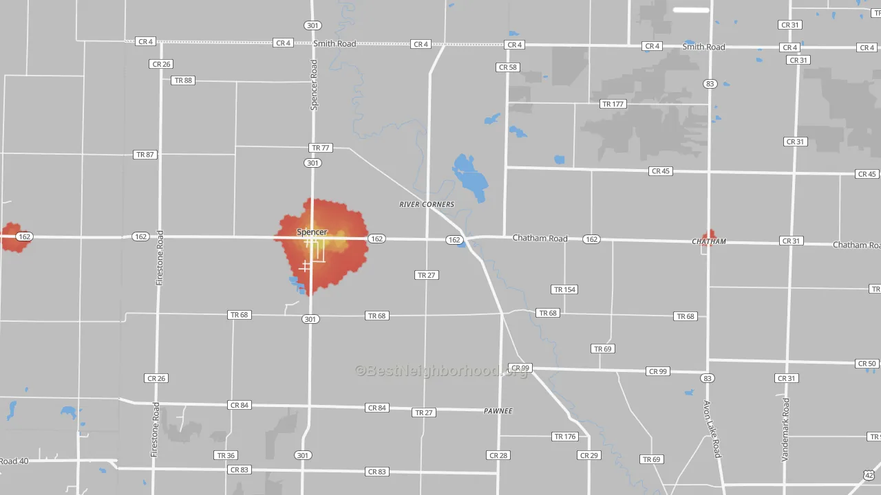 Walk Grade map of Spencer, OH, walkable areas in green and car-dependent areas in red