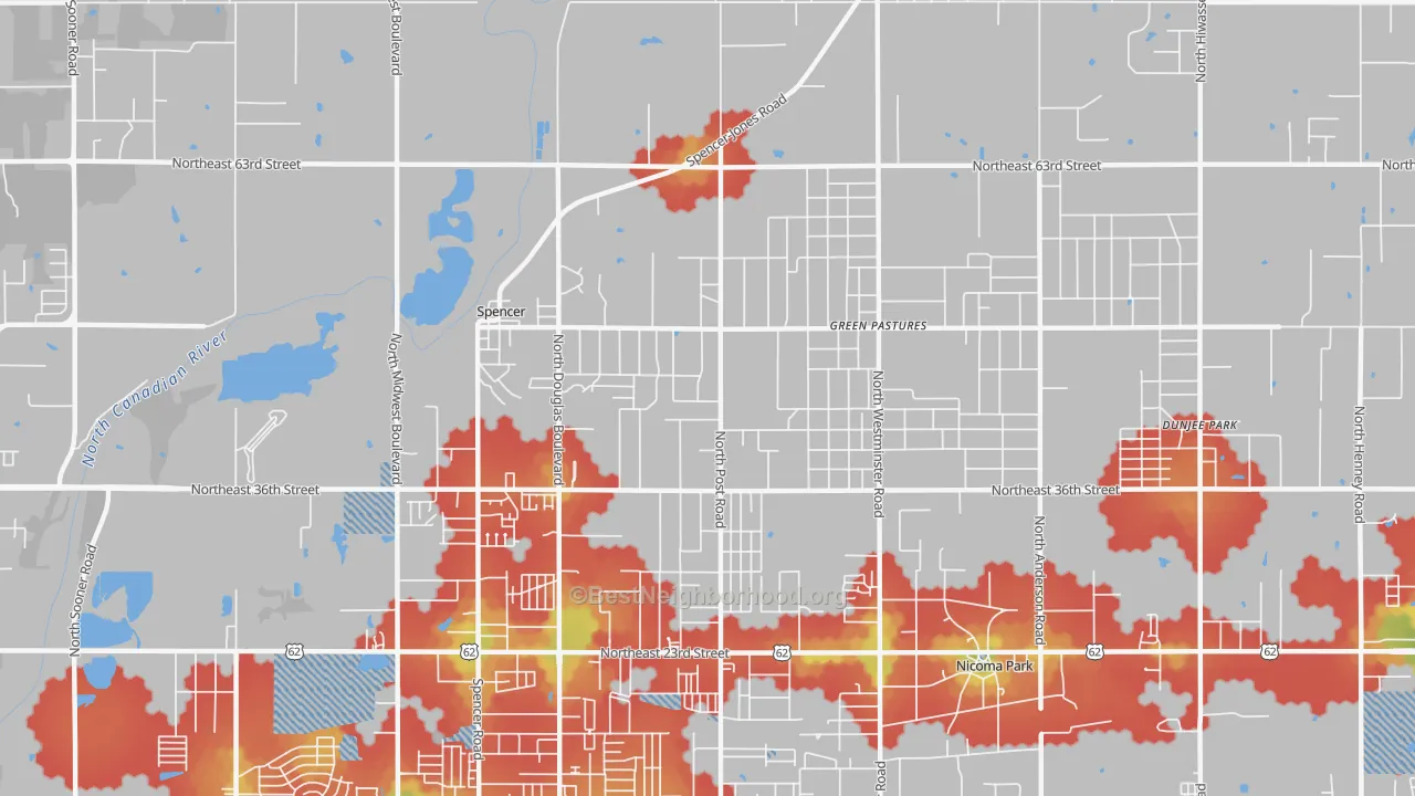 Walk Grade map of Spencer, OK, walkable areas in green and car-dependent areas in red