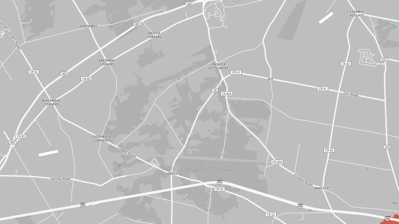 Walk Grade map of Spencer Settlement, NY, walkable areas in green and car-dependent areas in red