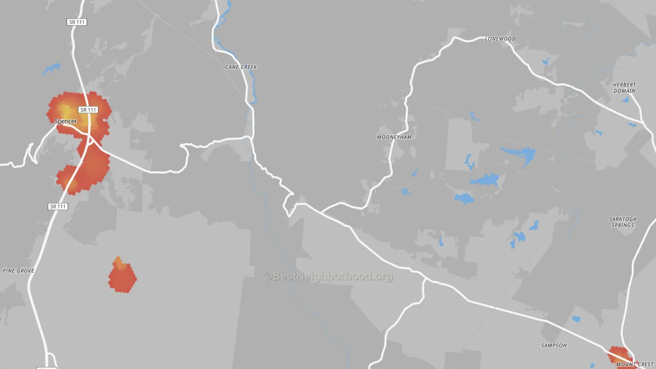 Walk Grade map of Spencer, TN, walkable areas in green and car-dependent areas in red