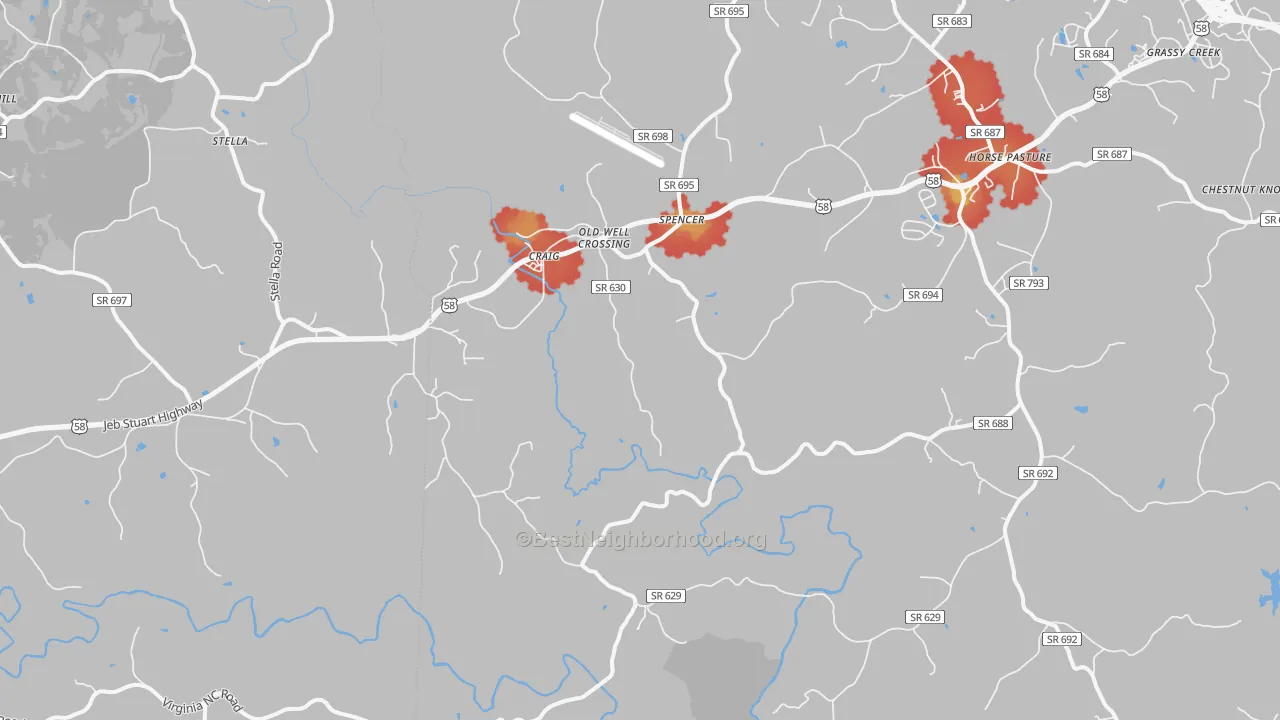 Walk Grade map of Spencer, VA, walkable areas in green and car-dependent areas in red