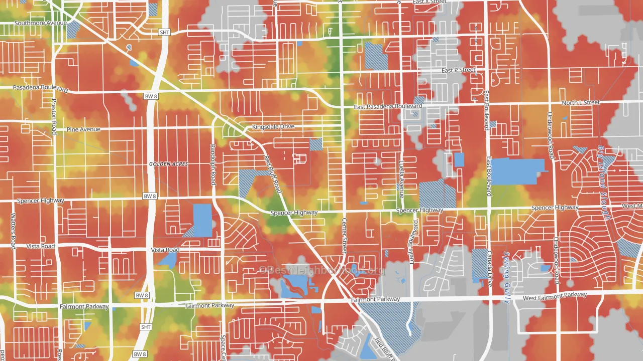 Walk Grade map of Spencer View Terrace, Deer Park, TX, walkable areas in green and car-dependent areas in red