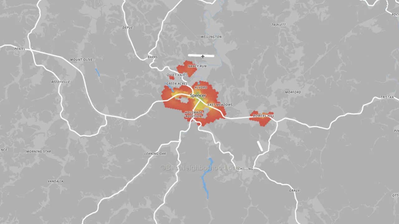 Walk Grade map of Spencer, WV, walkable areas in green and car-dependent areas in red