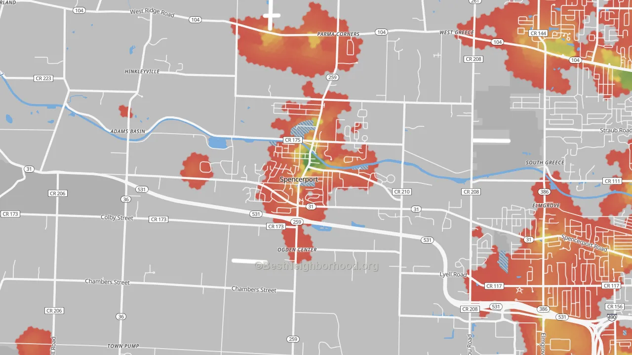 Walk Grade map of Spencerport, NY, walkable areas in green and car-dependent areas in red