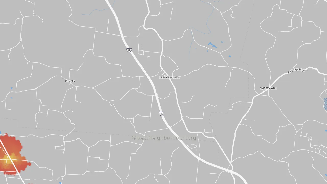 Walk Grade map of Spencers Mill, TN, walkable areas in green and car-dependent areas in red