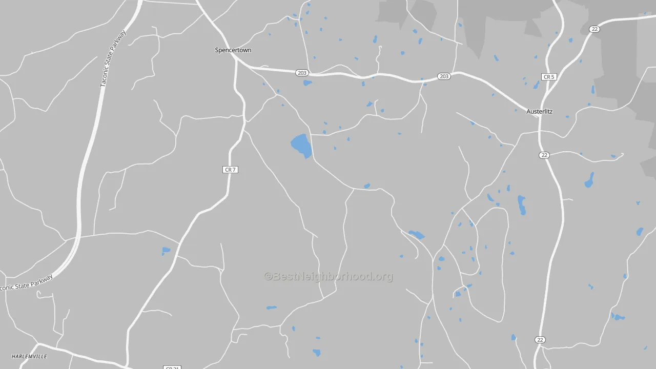 Walk Grade map of Spencertown, NY, walkable areas in green and car-dependent areas in red