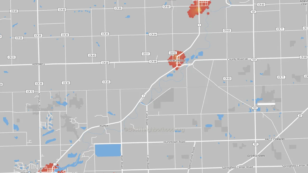 Walk Grade map of Spencerville, IN, walkable areas in green and car-dependent areas in red
