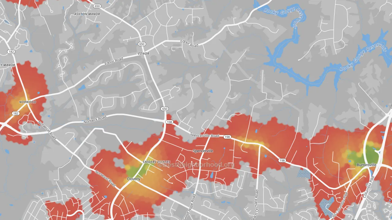 Walk Grade map of Spencerville, MD, walkable areas in green and car-dependent areas in red