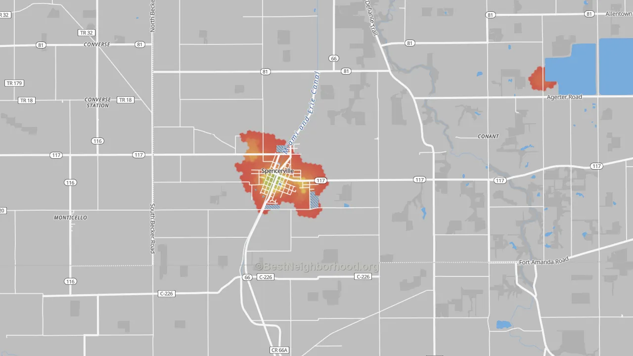 Walk Grade map of Spencerville, OH, walkable areas in green and car-dependent areas in red