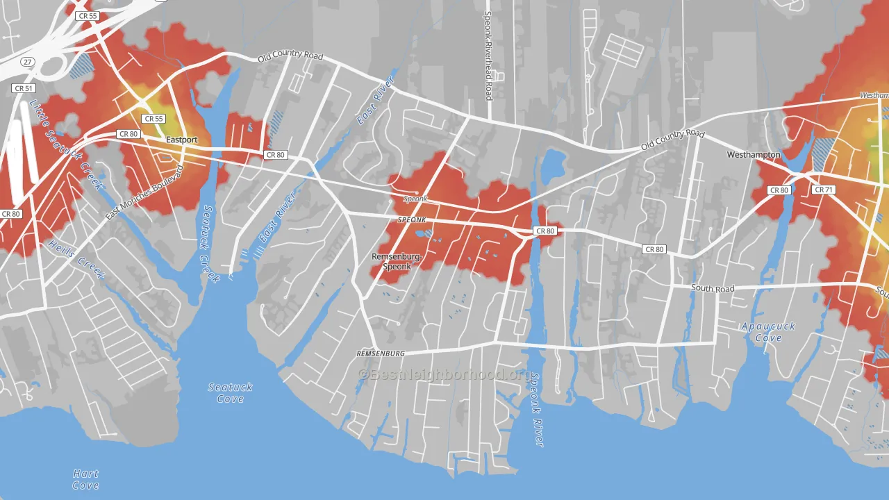 Walk Grade map of Speonk, NY, walkable areas in green and car-dependent areas in red