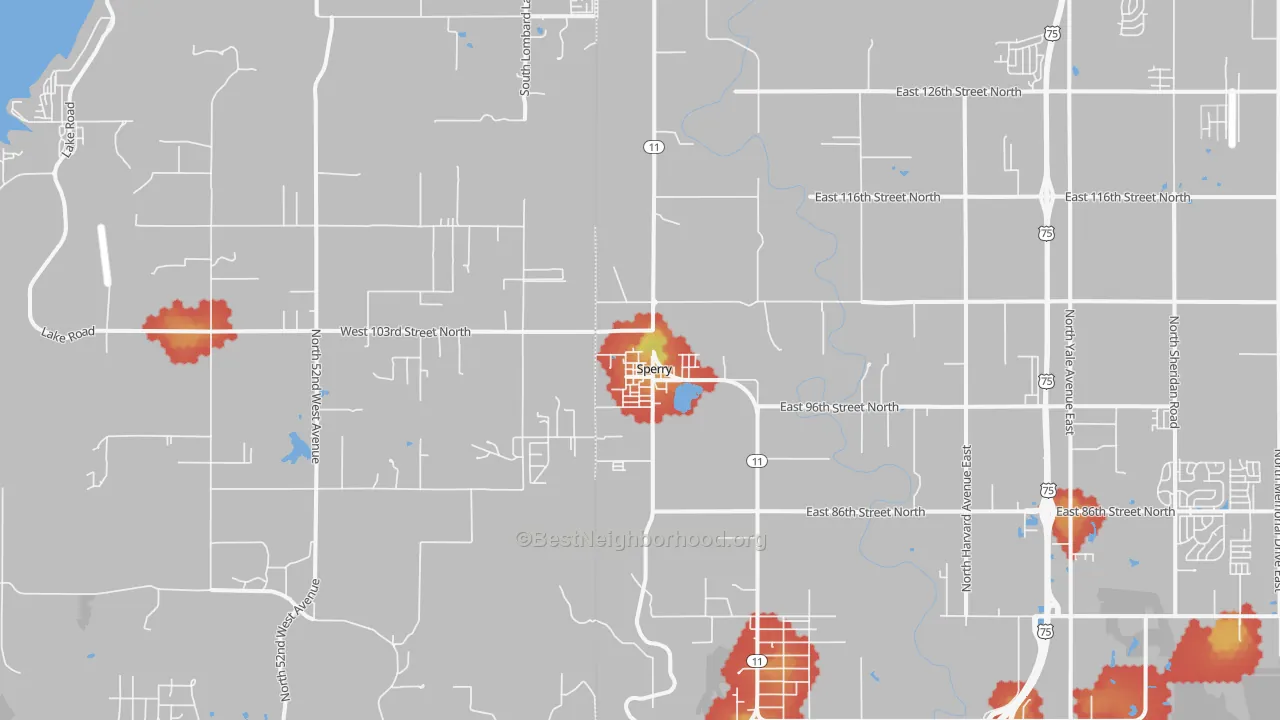 Walk Grade map of Sperry, OK, walkable areas in green and car-dependent areas in red