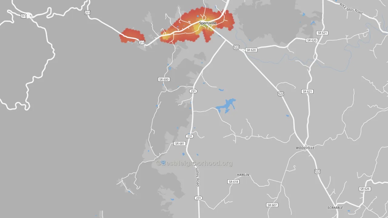 Walk Grade map of Sperryville, VA, walkable areas in green and car-dependent areas in red