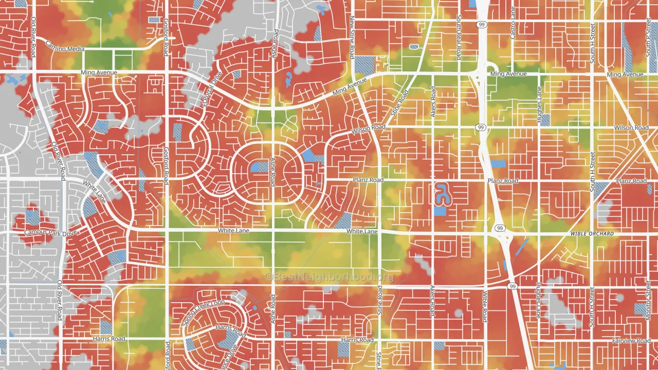 Walk Grade map of Spice Tract, Bakersfield, CA, walkable areas in green and car-dependent areas in red