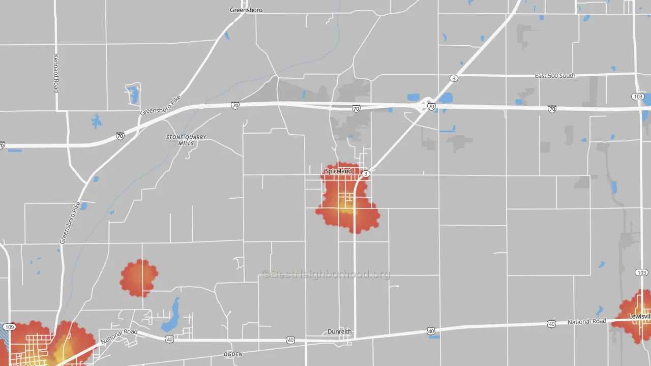Walk Grade map of Spiceland, IN, walkable areas in green and car-dependent areas in red