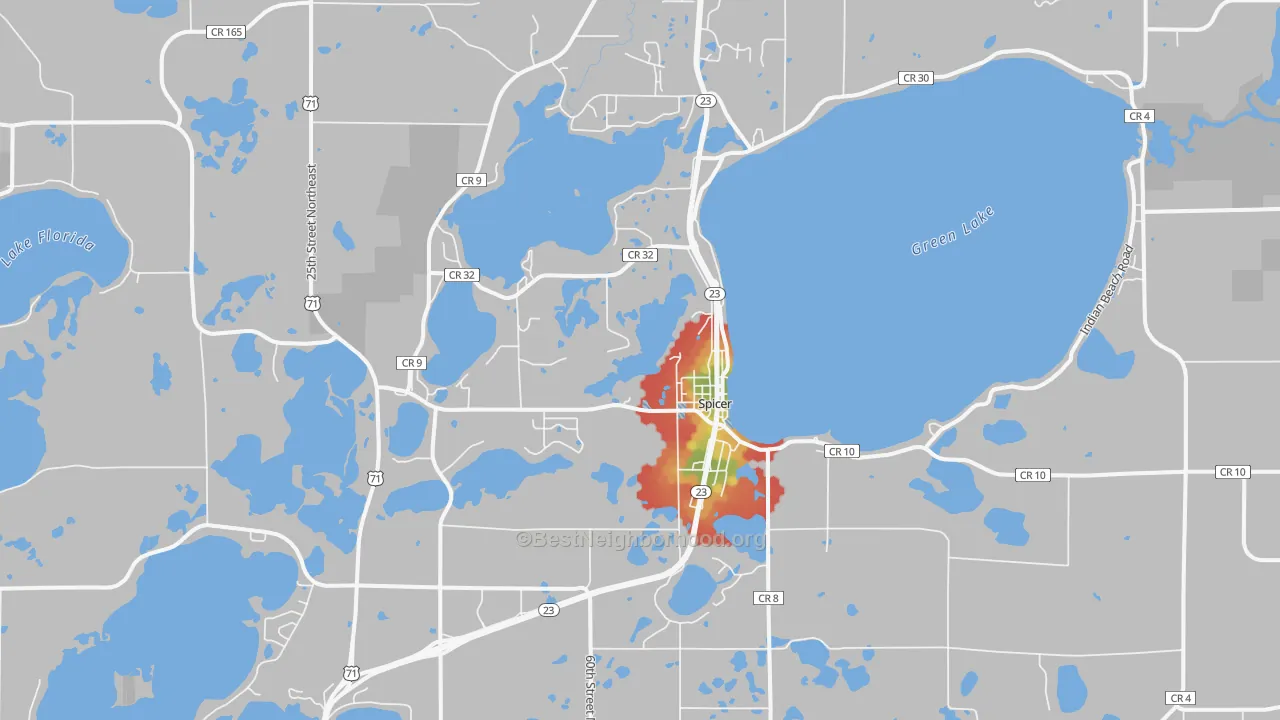 Walk Grade map of Spicer, MN, walkable areas in green and car-dependent areas in red