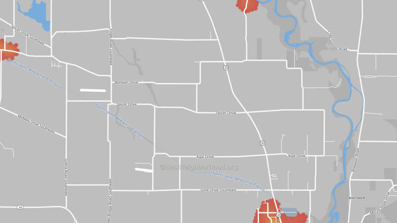 Walk Grade map of Spicer, OR, walkable areas in green and car-dependent areas in red