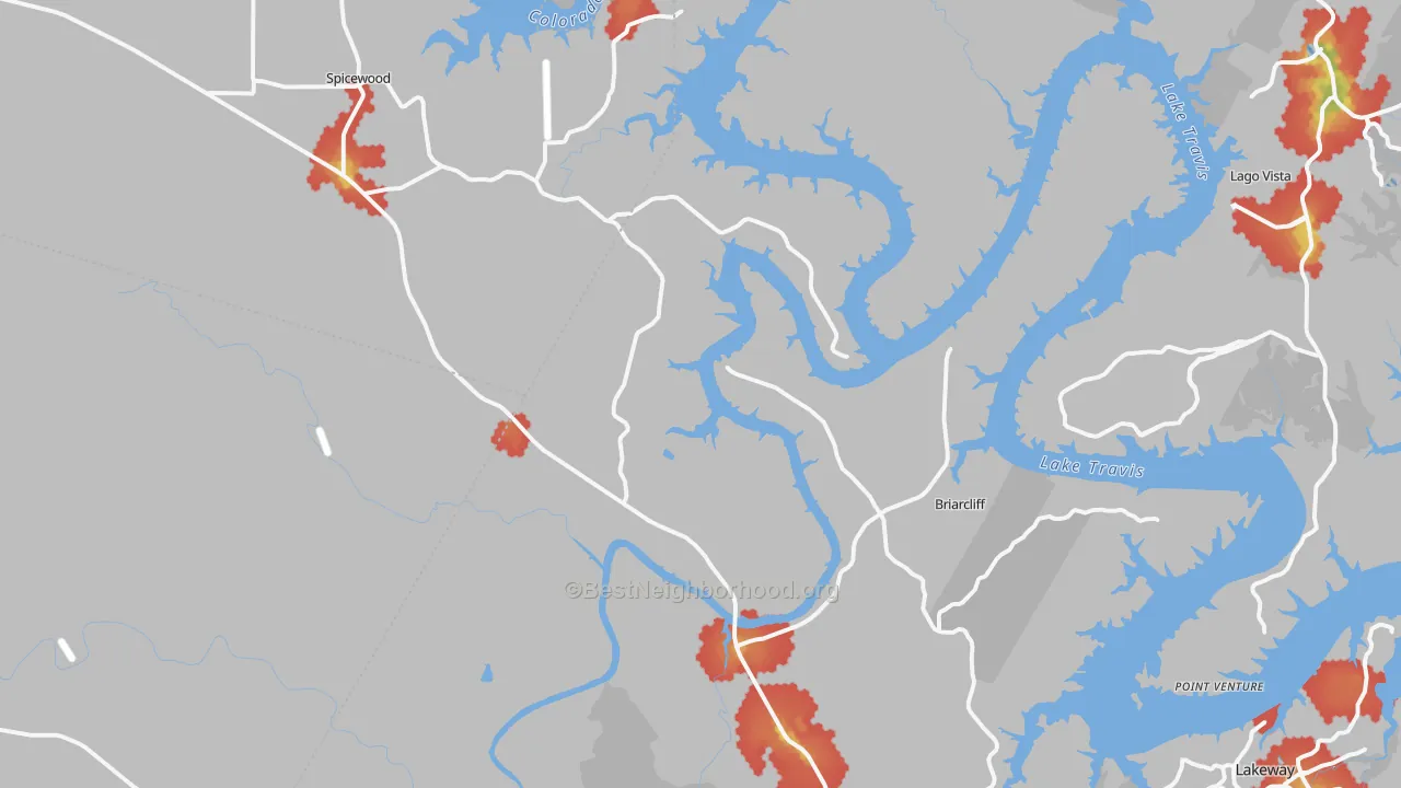 Walk Grade map of Spicewood, TX, walkable areas in green and car-dependent areas in red