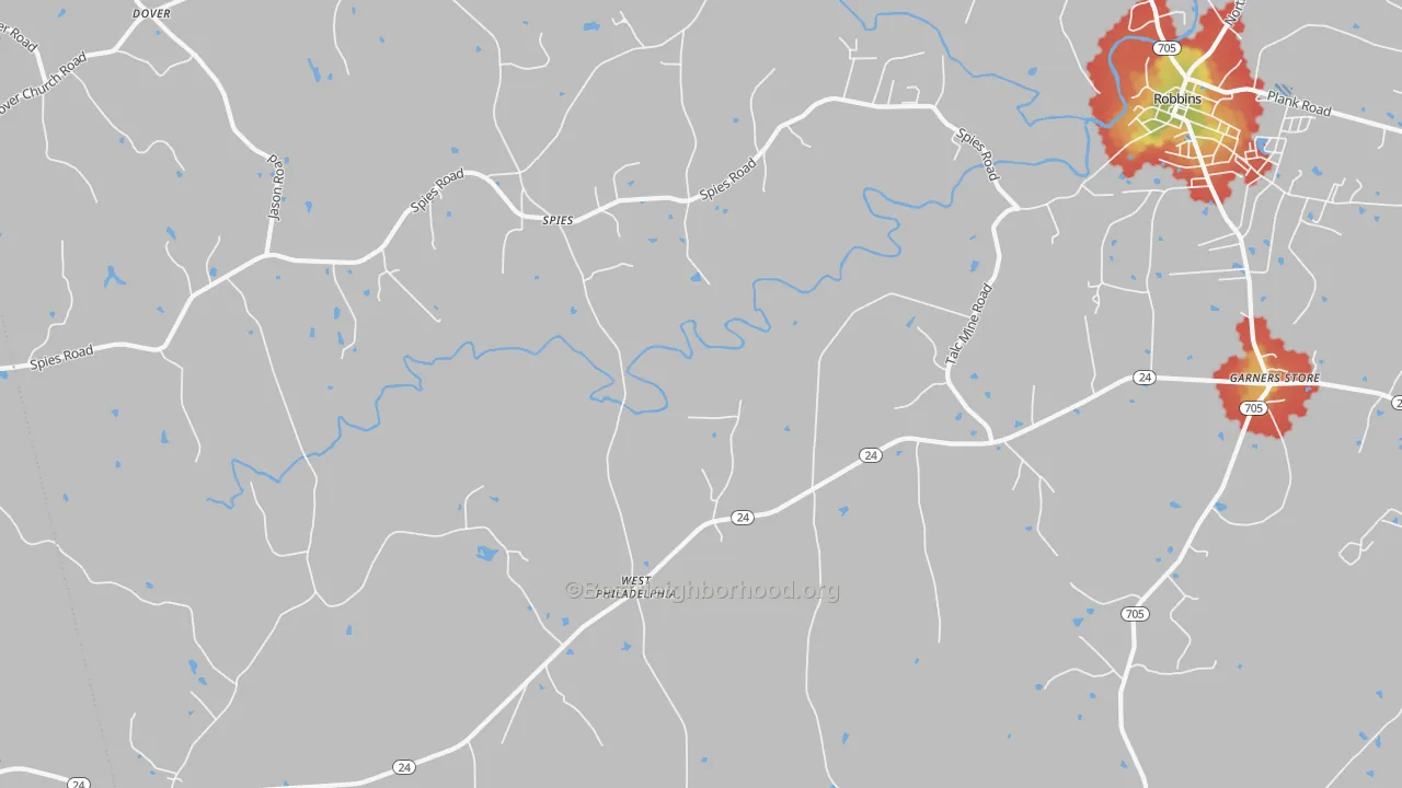 Walk Grade map of Spies, NC, walkable areas in green and car-dependent areas in red