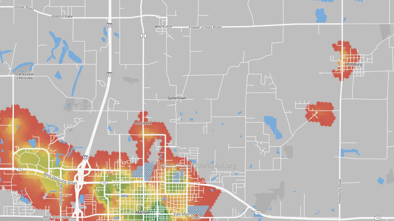 Walk Grade map of Spillertown, IL, walkable areas in green and car-dependent areas in red